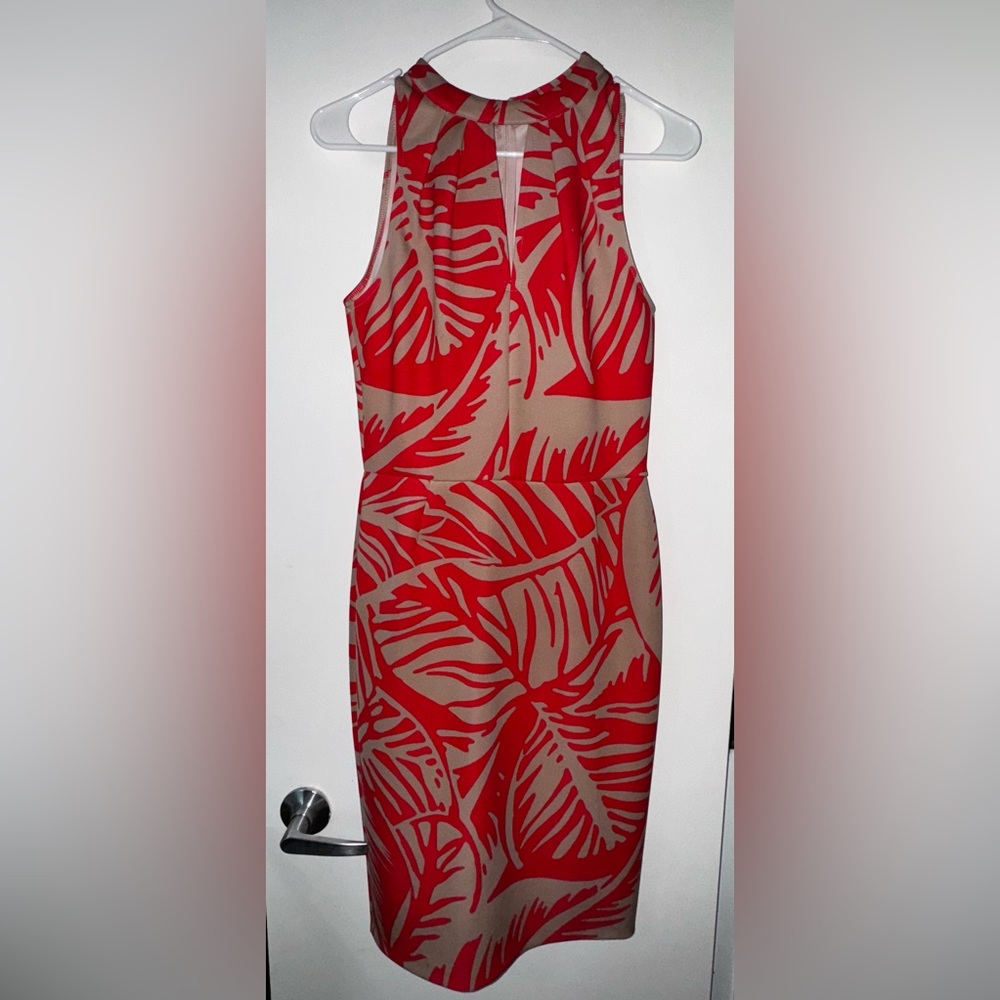 Vibrant Red and Tan Sleeveless Midi Dress